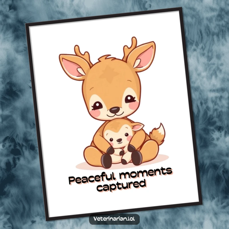 Funny gentle deer poster showing a deer cradling a small animal with a soothing pat and a calm expression.