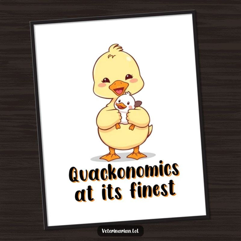 Funny Duckling Vet Poster: A heartwarming illustration of a duckling vet gently holding a small animal patient, full of charm.