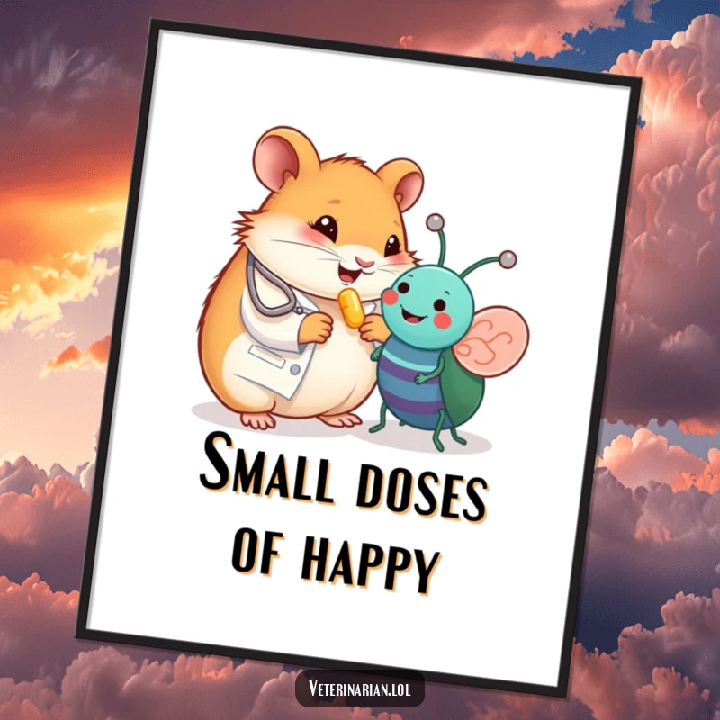 Funny poster art of a happy hamster vet giving a tiny vitamin pill to a cheerful toy bug, celebrating kindness and miniature care.