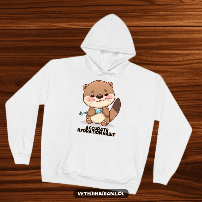 Funny otter hoodie depicting a cute character precisely measuring liquid with a miniature syringe, offering cozy accuracy.