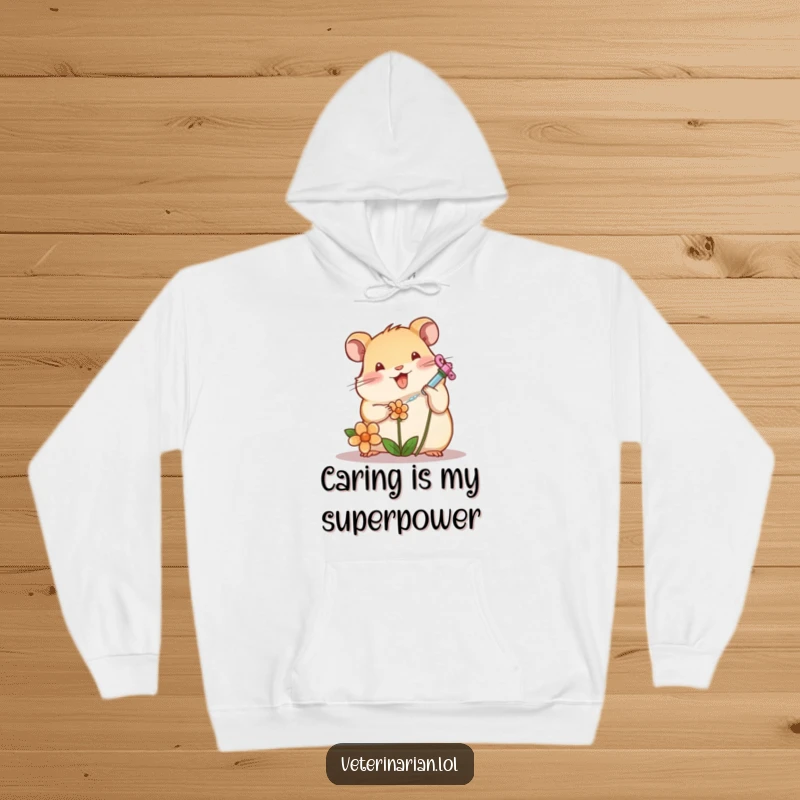 Funny hamster character carefully giving medicine to a wilting flower with a syringe, cozy hoodie, perfect funny gift.