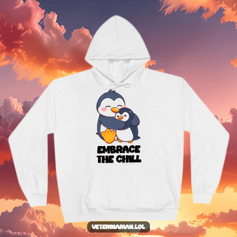 Funny hoodie with a goofy penguin character giving a hug to a plush penguin, showcasing warmth and humorous charm.