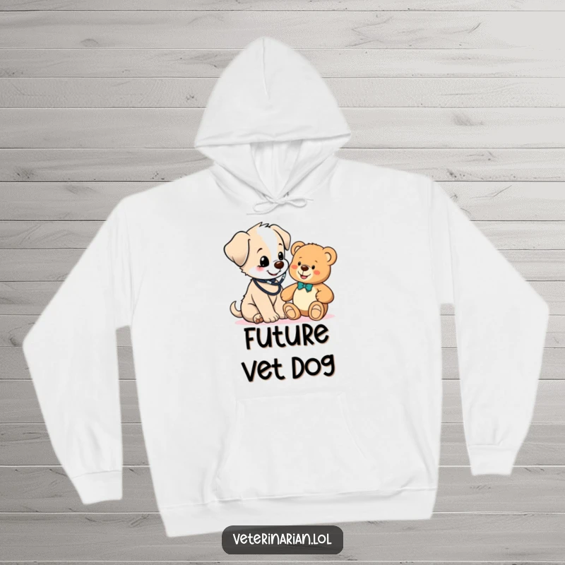 Funny cute puppy vet hoodie, a puppy in a stethoscope checks a teddy bear, radiating warmth, humor, and cuteness for cozy wear.