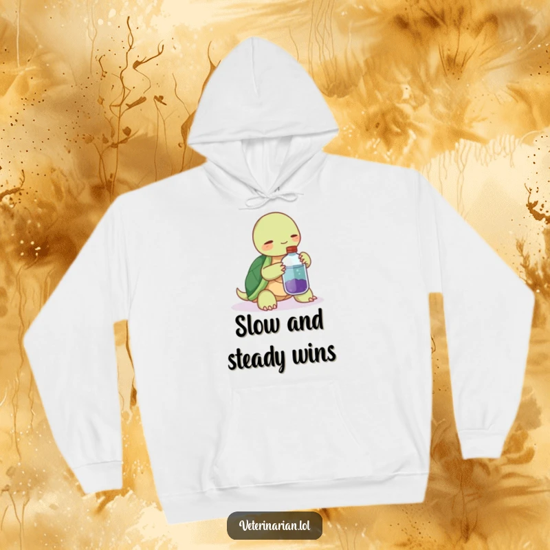 Funny hoodie showcasing a peaceful turtle presenting a potion bottle with an endearing, gentle nudge.