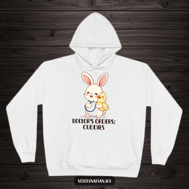 Funny hoodie depicting a cheerful bunny with a stethoscope, gently caring for a smiling bird patient.