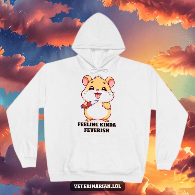 Funny Hamster Hoodie: A beaming cartoon hamster uses a thermometer to check its temperature, feeling a bit sick, a cozy funny gift.