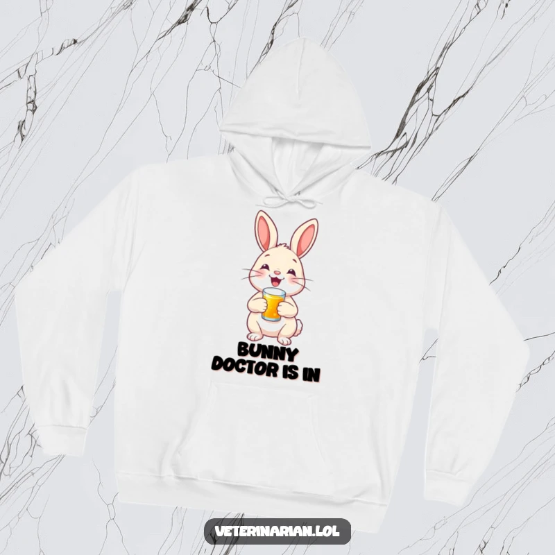 A happy bunny with a proud smile administers a tiny shot, featured on a warm hoodie, radiating supportive cheer.