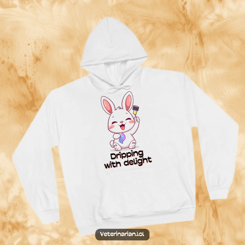 Funny hoodie with a delighted cartoon bunny carefully administering a colorful, sparkling liquid from a dropper.