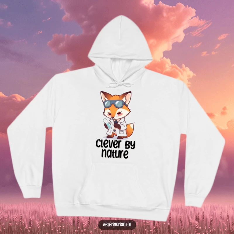 Funny hoodie depicting a fox in a lab coat carefully examining a tiny, sparkling test tube.