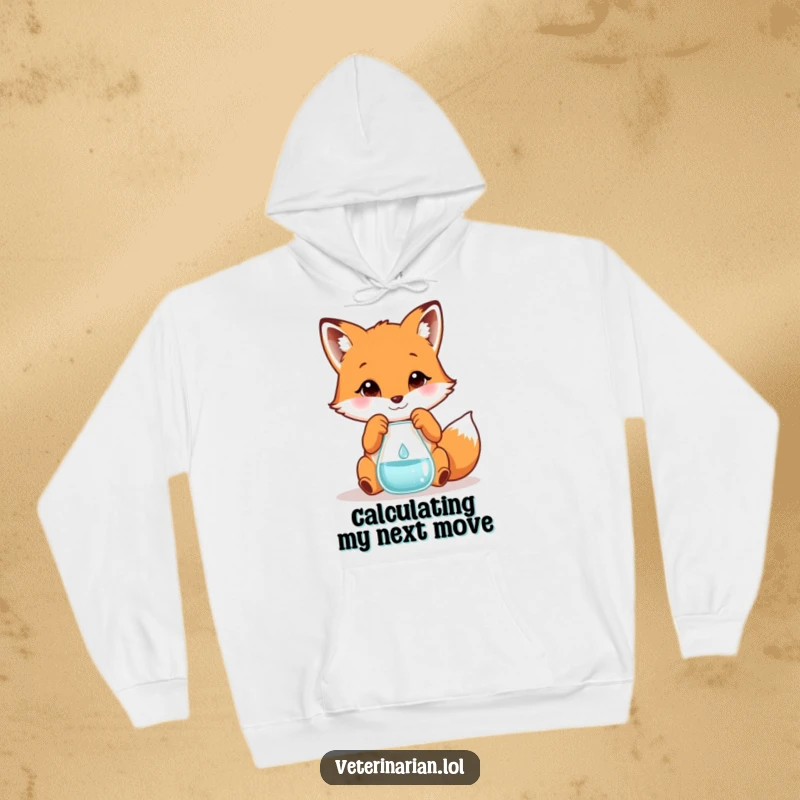 Funny hoodie featuring a playful fox carefully measuring a tiny droplet into a beaker, offering humorous comfort and scientific flair.