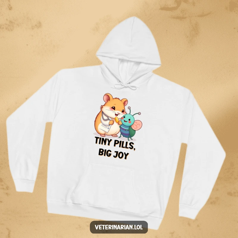 Funny hoodie illustrating a beaming hamster vet presenting a tiny vitamin pill to a gleeful toy bug, a scene of comfort and joy.