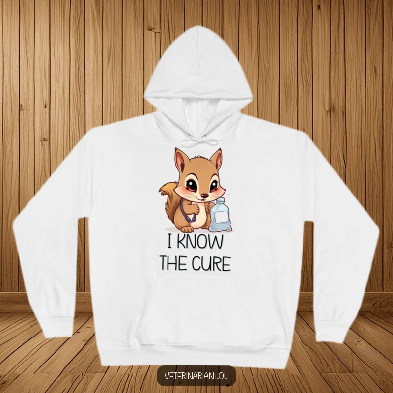 Funny hoodie with a curious squirrel vet peering into a small medicine bag with wide, knowing eyes, symbolizing deep thought and playful intrigue.