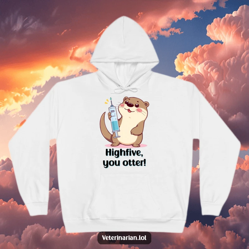 Funny Otter High-Five Hoodie: A soft and cozy hoodie depicting a playful otter giving a high-five with a large syringe.