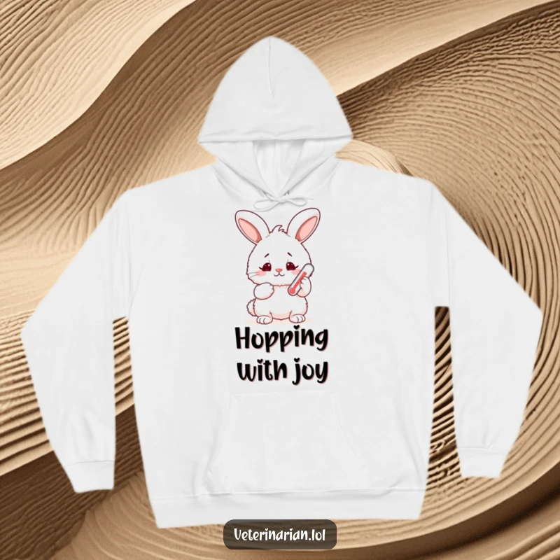 Funny fluffy bunny hoodie, a rabbit nervously holds a thermometer, sporting a worried yet happy expression, perfect for comfortable, humorous wear.