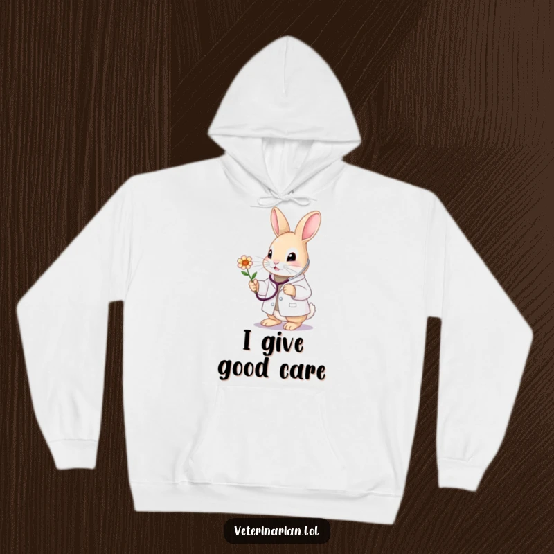 Funny bunny vet hoodie, a cute doctor in a white coat with stethoscope, examining a flower with gentle focus. Cozy and sweet.
