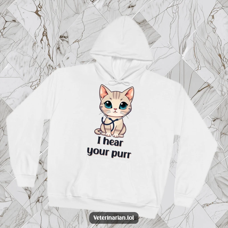 Funny hoodie featuring a sleek cat wearing a stethoscope, attentively listening, offering warm and humorous comfort.