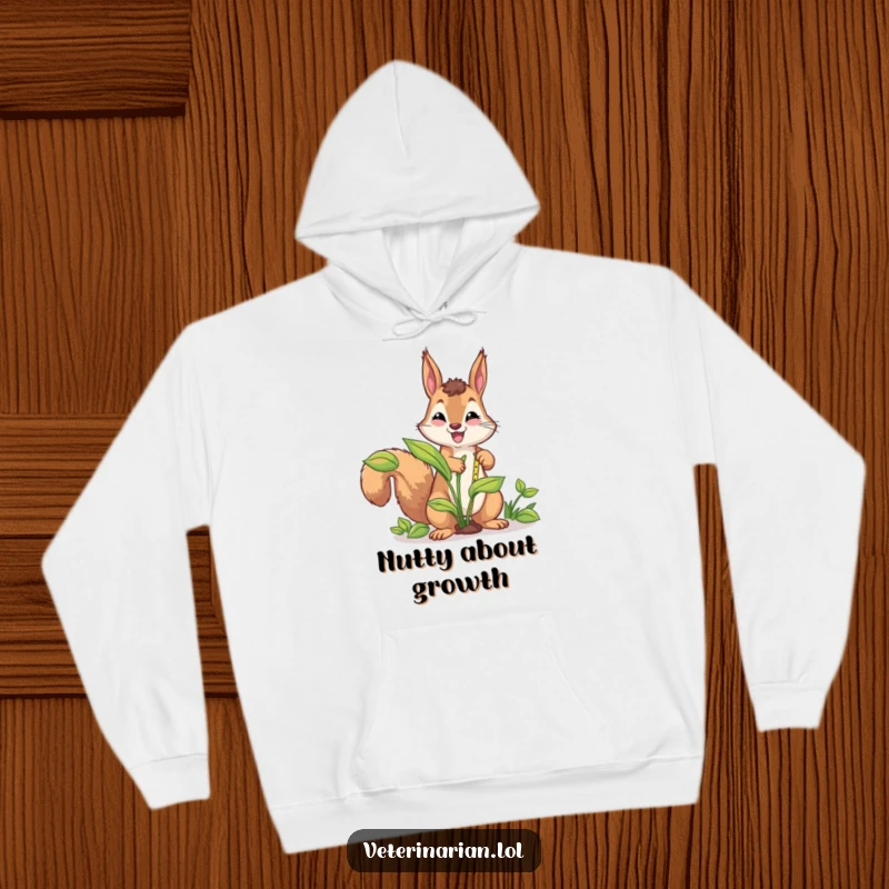 Funny energetic squirrel hoodie, a squirrel measures a plant with a tape measure, radiating dedication, humor, and warmth for comfortable wear.