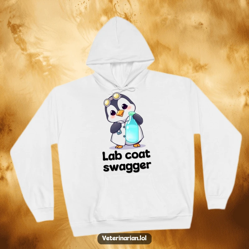 Funny hoodie featuring a playful penguin in a medical coat curiously poking a glowing vial, offering warm and humorous comfort.