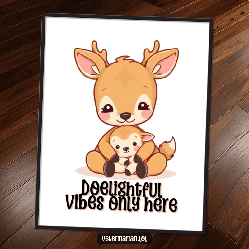 Funny free printable wall art depicting a gentle deer cradling a small animal with a peaceful expression and soft pat.