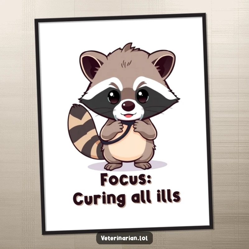 Funny Free Printable Wall Art: A determined raccoon polishes a stethoscope with a focused gaze, adding a humorous, professional touch to your decor.