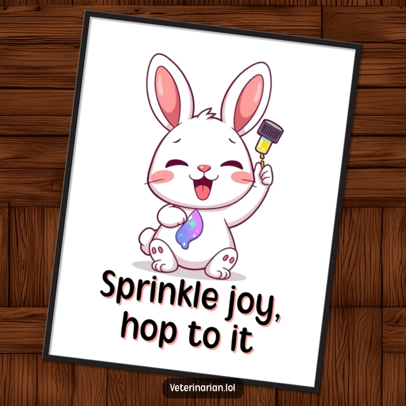 Funny Free Printable Wall Art: A delighted bunny administers colorful sparkling liquid from a dropper, adding whimsical magic to decor.