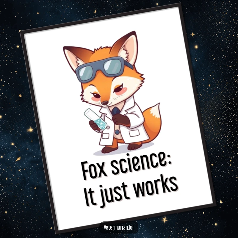 Funny Free Printable Wall Art: Fox in a lab coat meticulously examining a tiny, sparkling test tube, a curious downloadable decor.