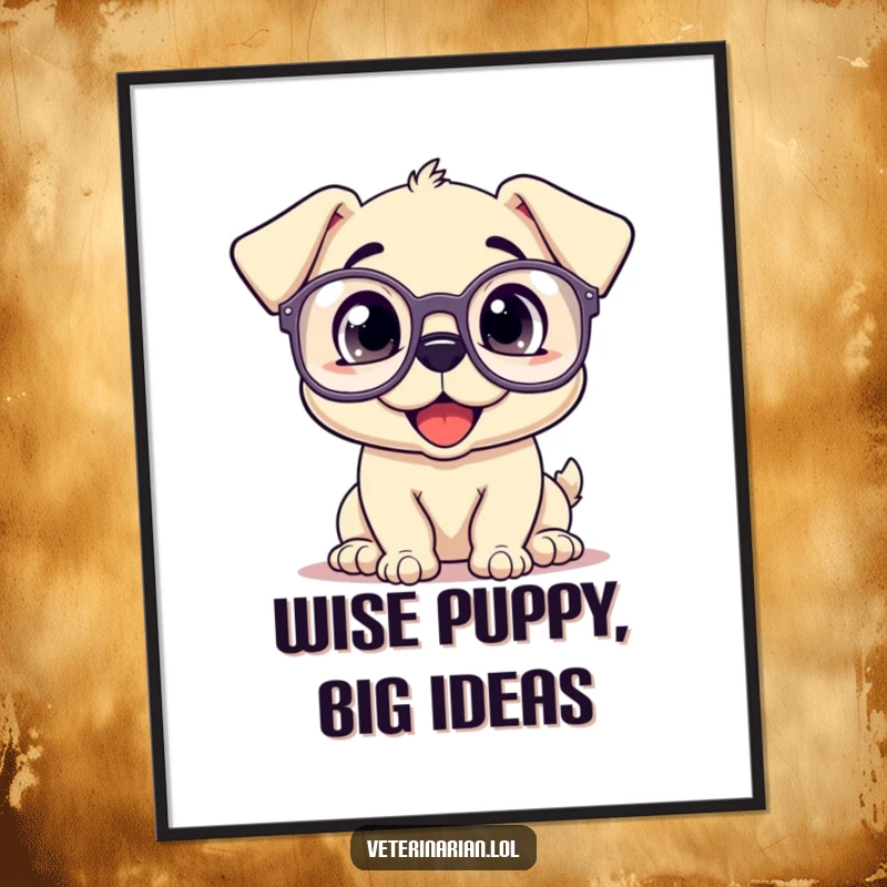 Funny Free Printable Wall Art: A happy puppy wearing big prescription glasses, looking up curiously, a charming downloadable decor.