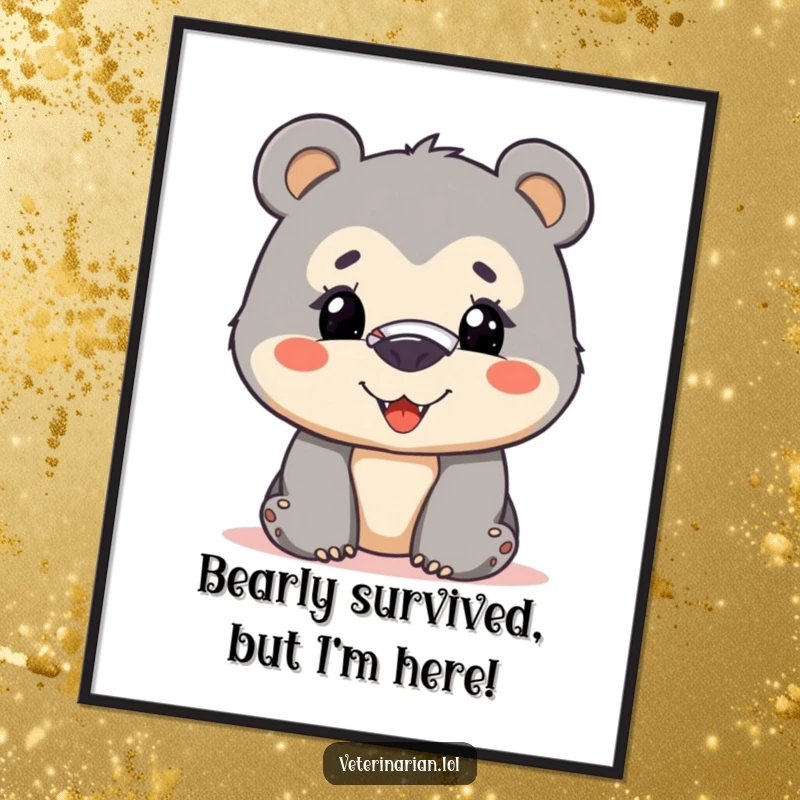Funny Free Printable Wall Art: A curious bear cub with a bandaged nose smiles bravely, full of adventurous spirit.