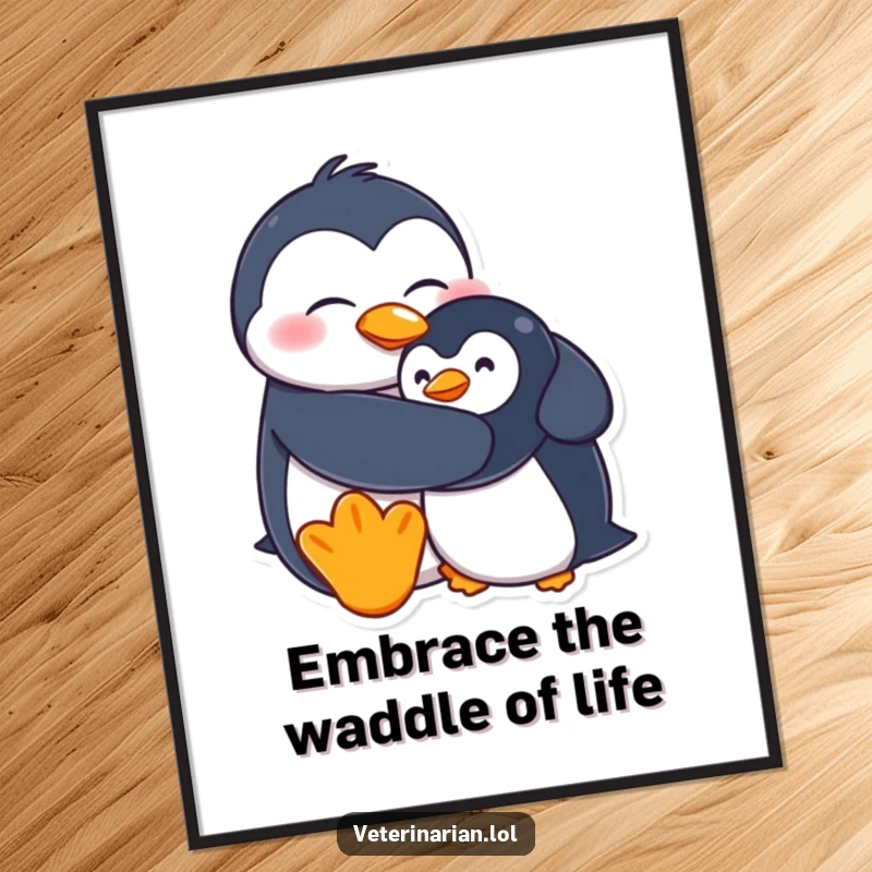 Funny Free Printable Wall Art: A cheerful penguin giving a loving hug to a wobbly stuffed penguin, a downloadable art piece.