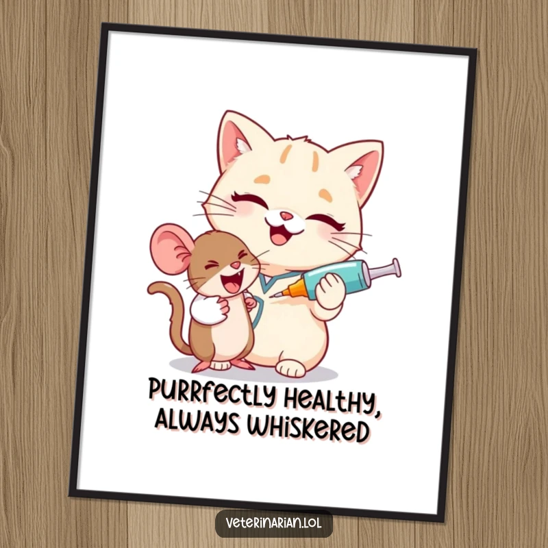 Funny Free Printable Wall Art: Giggling cat vet winks while holding a large syringe near a playful mouse.