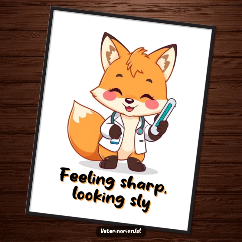 Funny Free Printable Wall Art: Playful fox vet with a bright smile holds and checks a thermometer.