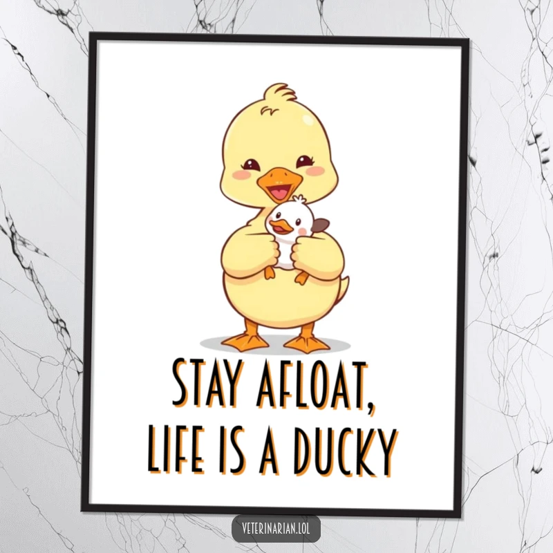 Funny Free Printable Wall Art of a happy duckling vet holding a tiny animal patient, perfect for quirky decor.