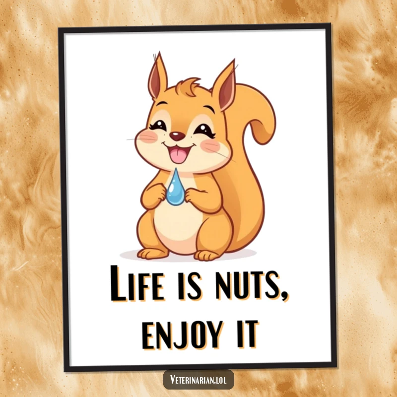 Funny Free Printable Wall Art showcasing a happy squirrel balancing a dropper on its nose with a big grin.