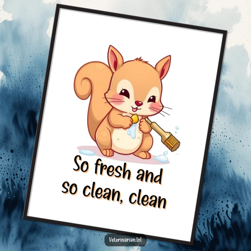 Funny Free Printable Wall Art: A diligent squirrel meticulously scrubbing its paws with a tiny brush and antibacterial soap.
