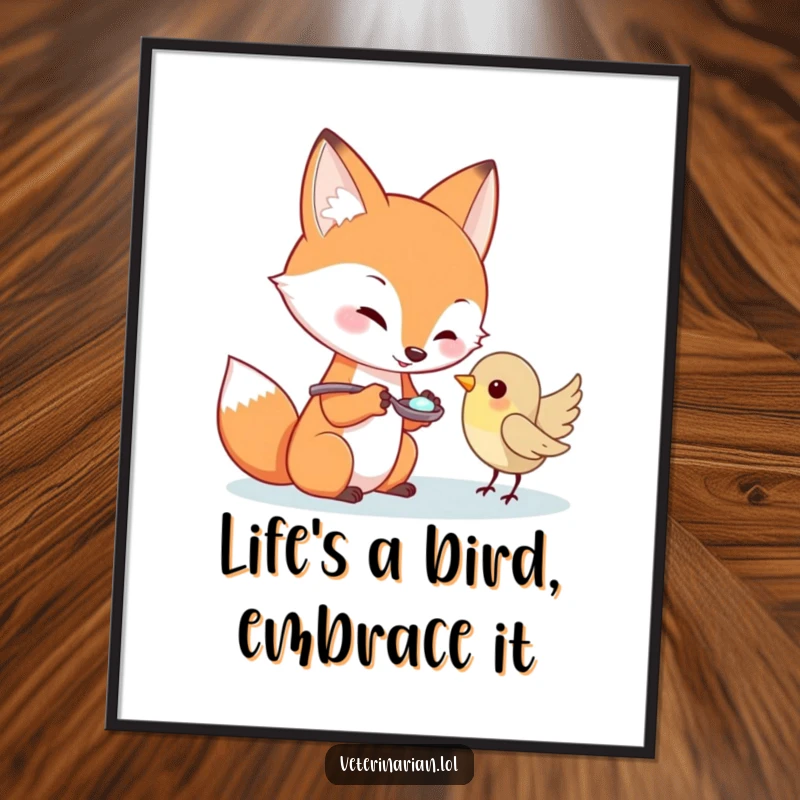 Free Printable Wall Art: A playful fox gently offering a spoonful of medicine to a tiny, trusting bird with a caring expression.