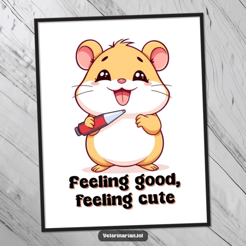 Funny Free Printable Wall Art of a beaming cartoon hamster holding a thermometer to its cheek with a cheerful grin, adding humor to decor.