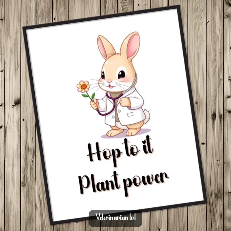 Funny Free Printable Bunny Vet Wall Art: A cute bunny doctor in a white coat carefully checks a tiny flower with a stethoscope.