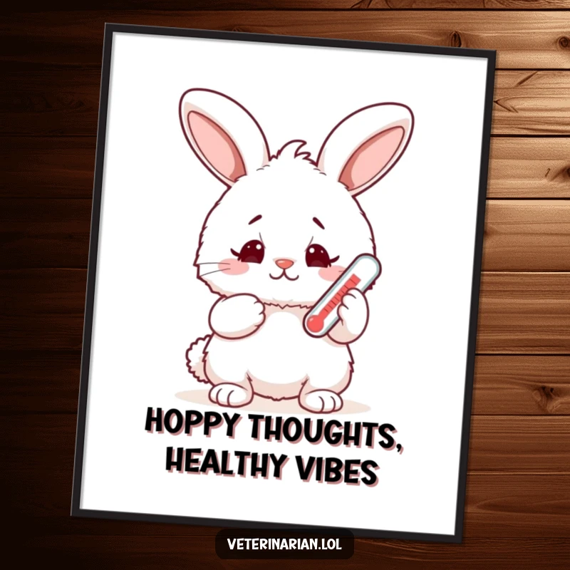 Funny Free Printable Wall Art of a fluffy bunny holding a tiny thermometer, looking both happy and concerned.