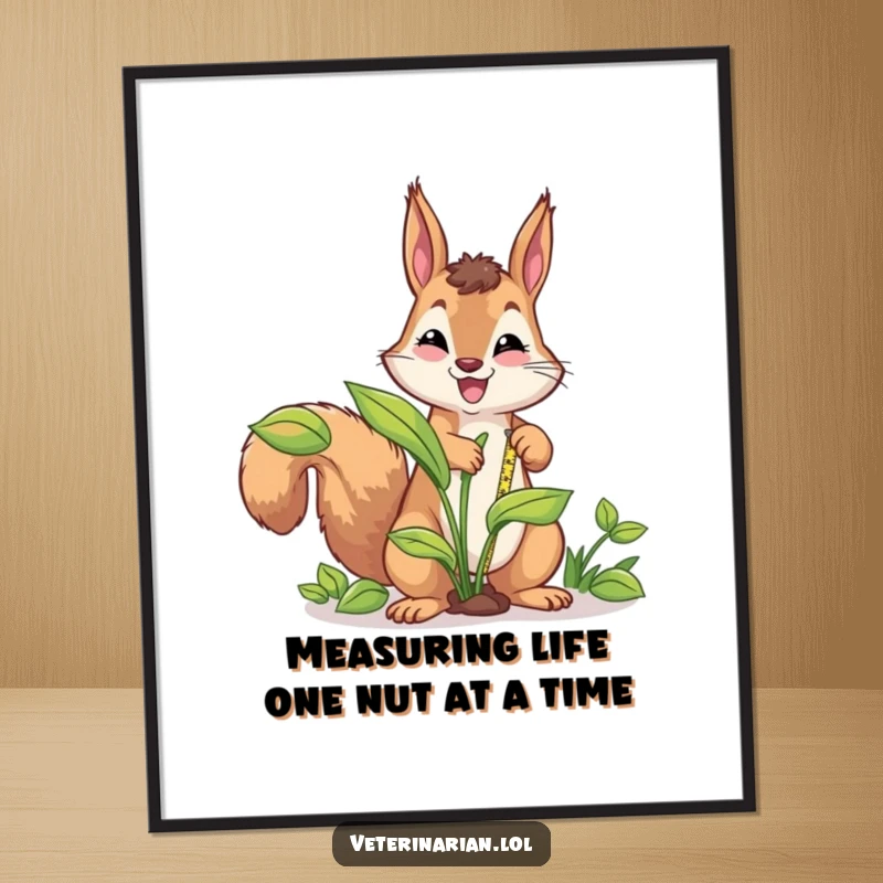 Funny Free Printable Wall Art of an energetic squirrel measuring a giant plant with a tape measure.