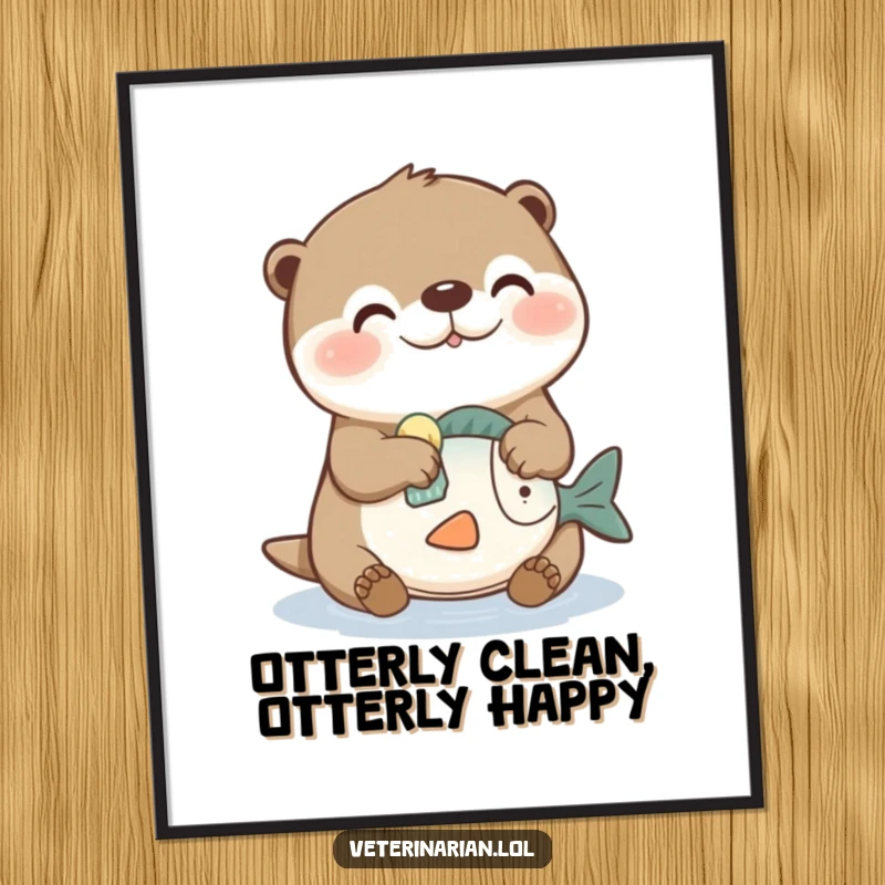 Funny Free Printable Wall Art: An industrious otter humorously cleaning a toy fish with a tiny sponge, a playful downloadable art piece.
