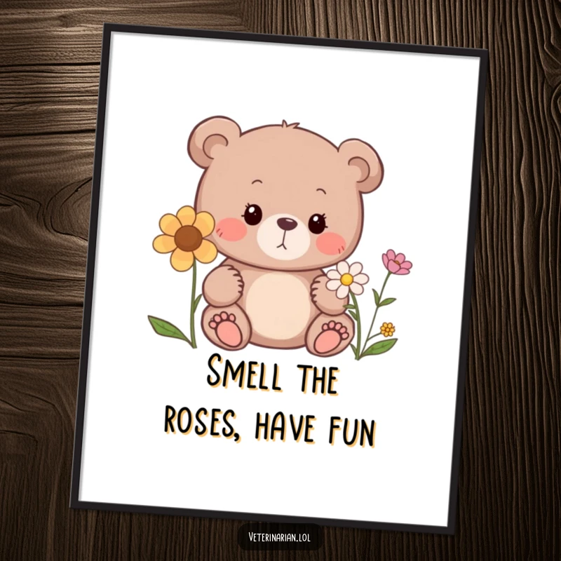 Free Printable Wall Art: A curious bear gently sniffs a flower with a sweet, inquisitive expression, adding natural charm to your decor.