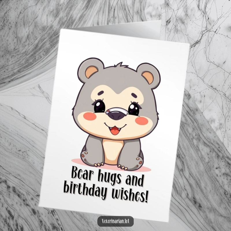 Funny Free Printable Birthday Card: Curious bear cub with a nose bandage smiles bravely, ready for birthday fun.
