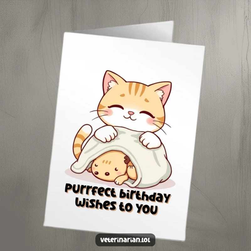 Funny free printable birthday card featuring a smiling cat gently tucking a blanket around a sleeping creature.