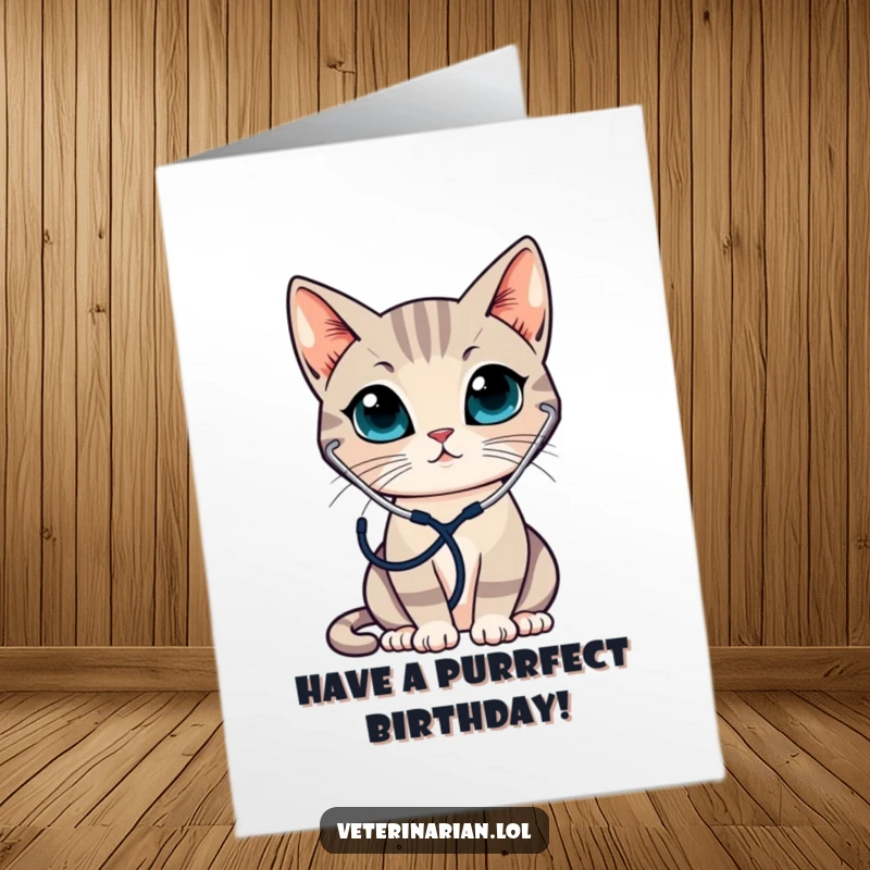 Funny Free Printable Birthday Card: A sleek cat wearing a stethoscope attentively listens, perhaps to birthday wishes.