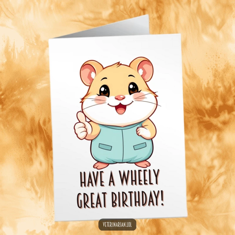Funny Free Printable Birthday Card: A smiling hamster in tiny scrubs gives a cheerful thumbs-up for their birthday.