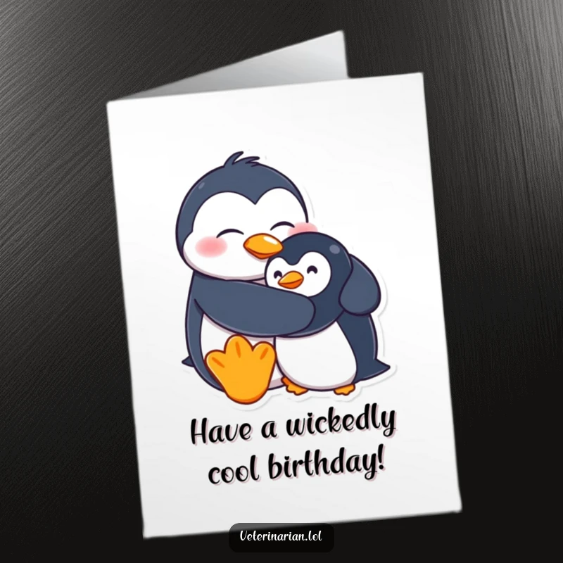 Funny Free Printable Birthday Card: A joyful penguin giving a warm hug to a slightly tipsy stuffed penguin, spreading birthday cheer.