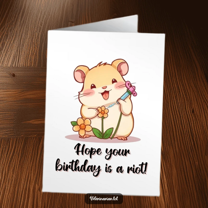 Funny Free Printable Birthday Card: A cheerful hamster character carefully tending to a sad, wilting flower with a tiny medical syringe.