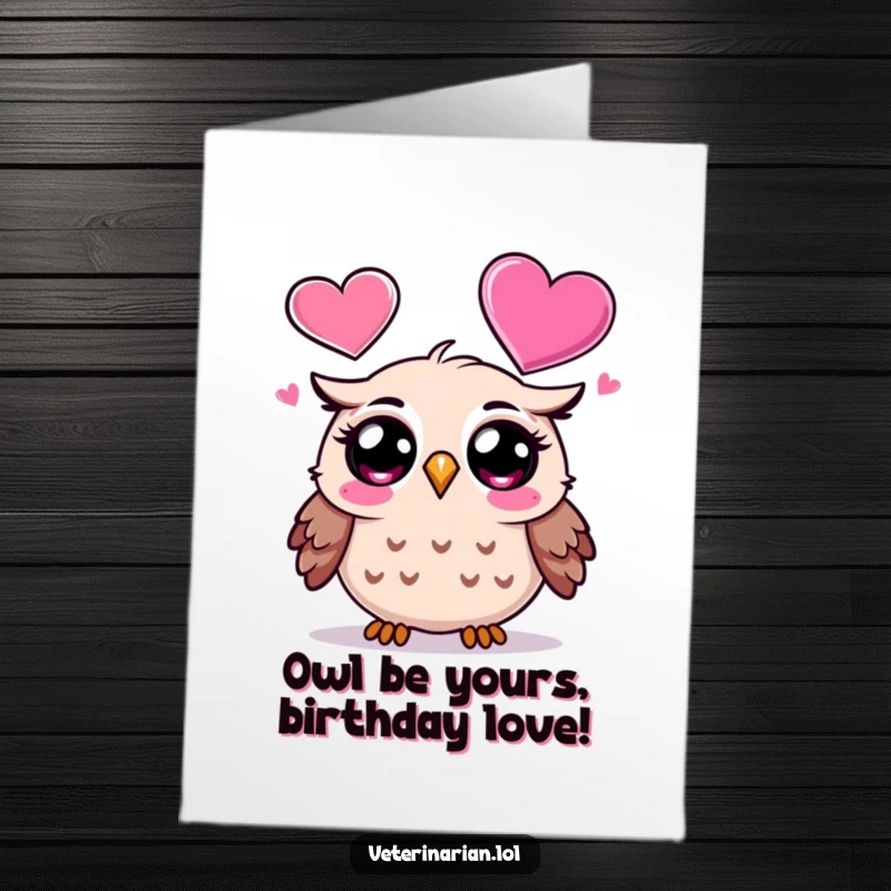 Funny Free Printable Birthday Card featuring a surprised cartoon owl looking with wonder at a large, floating heart icon, symbolizing love.