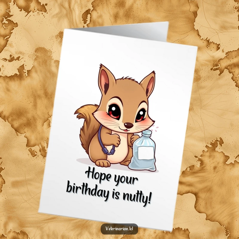 Funny Free Printable Birthday Card: Curious squirrel vet peers into medicine bag with wide, knowing eyes.