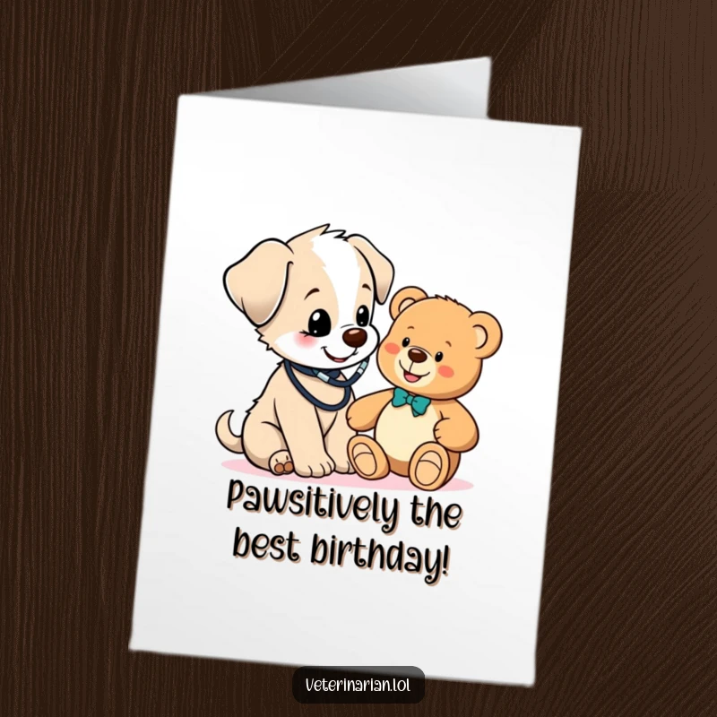 Funny Free Printable Birthday Card: A cute puppy in a stethoscope cheerfully checks on a teddy bear.